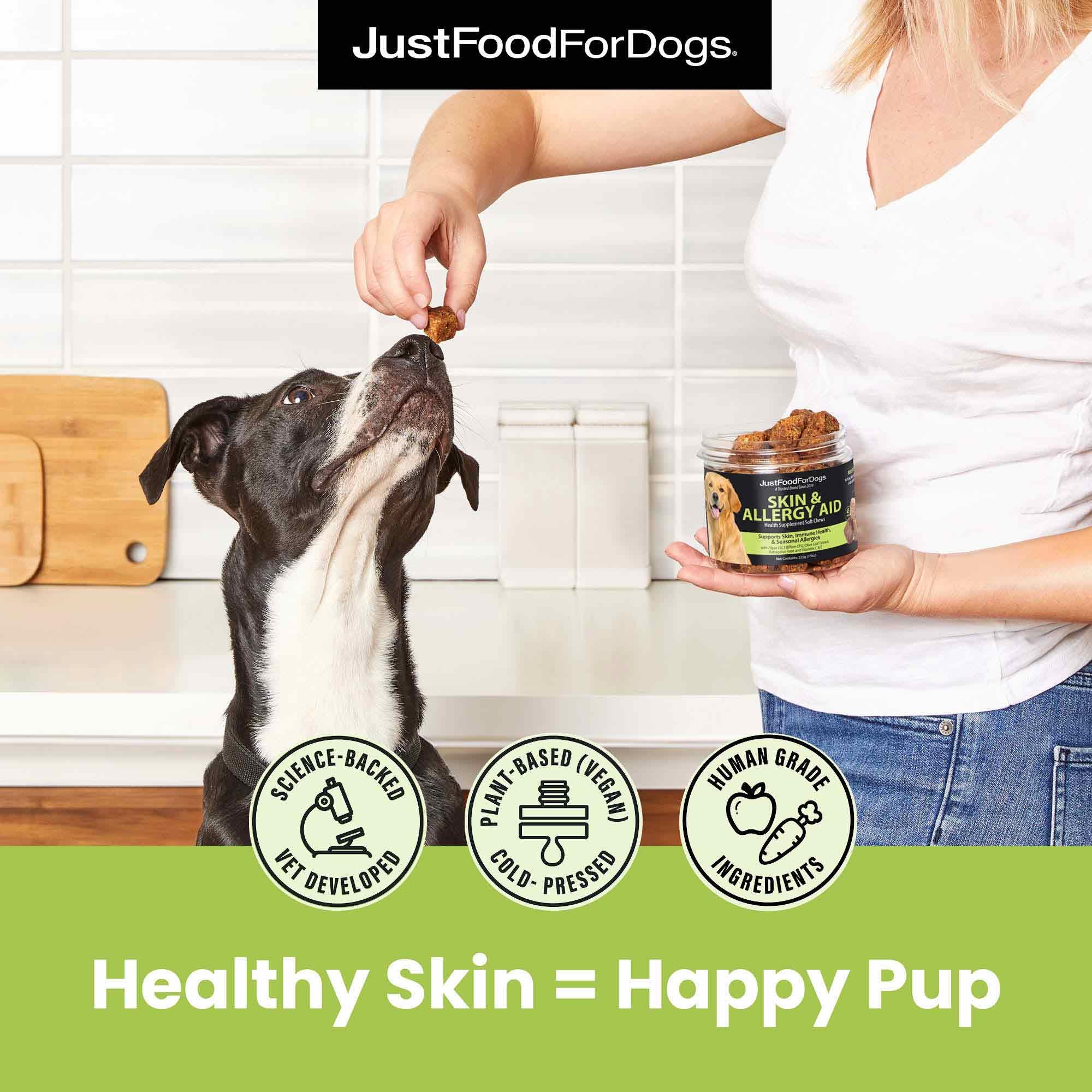 JustFoodForDogs algae oil omega-3 image highlights joint and skin health