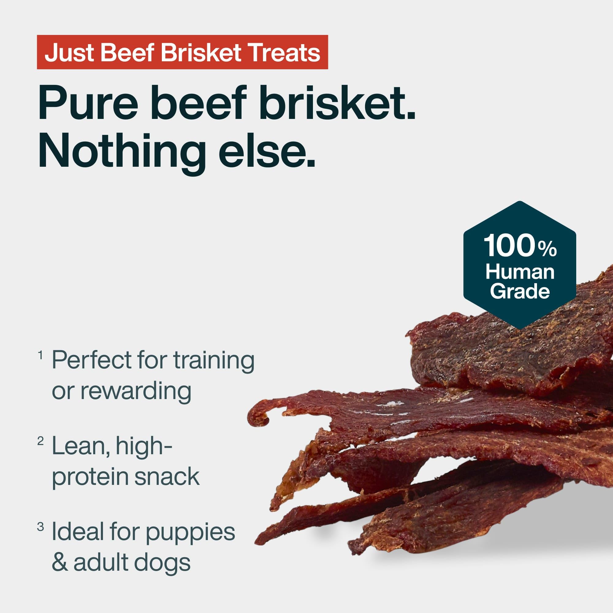 JustFoodForDogs beef brisket treat closeup highlighting chewy texture for easier chewing.