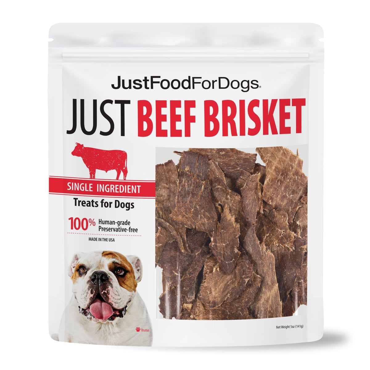 JustFoodForDogs beef brisket treat packaging, ideal for training rewards with low calories.