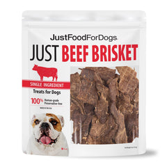 JustFoodForDogs beef brisket treat packaging, ideal for training rewards with low calories.