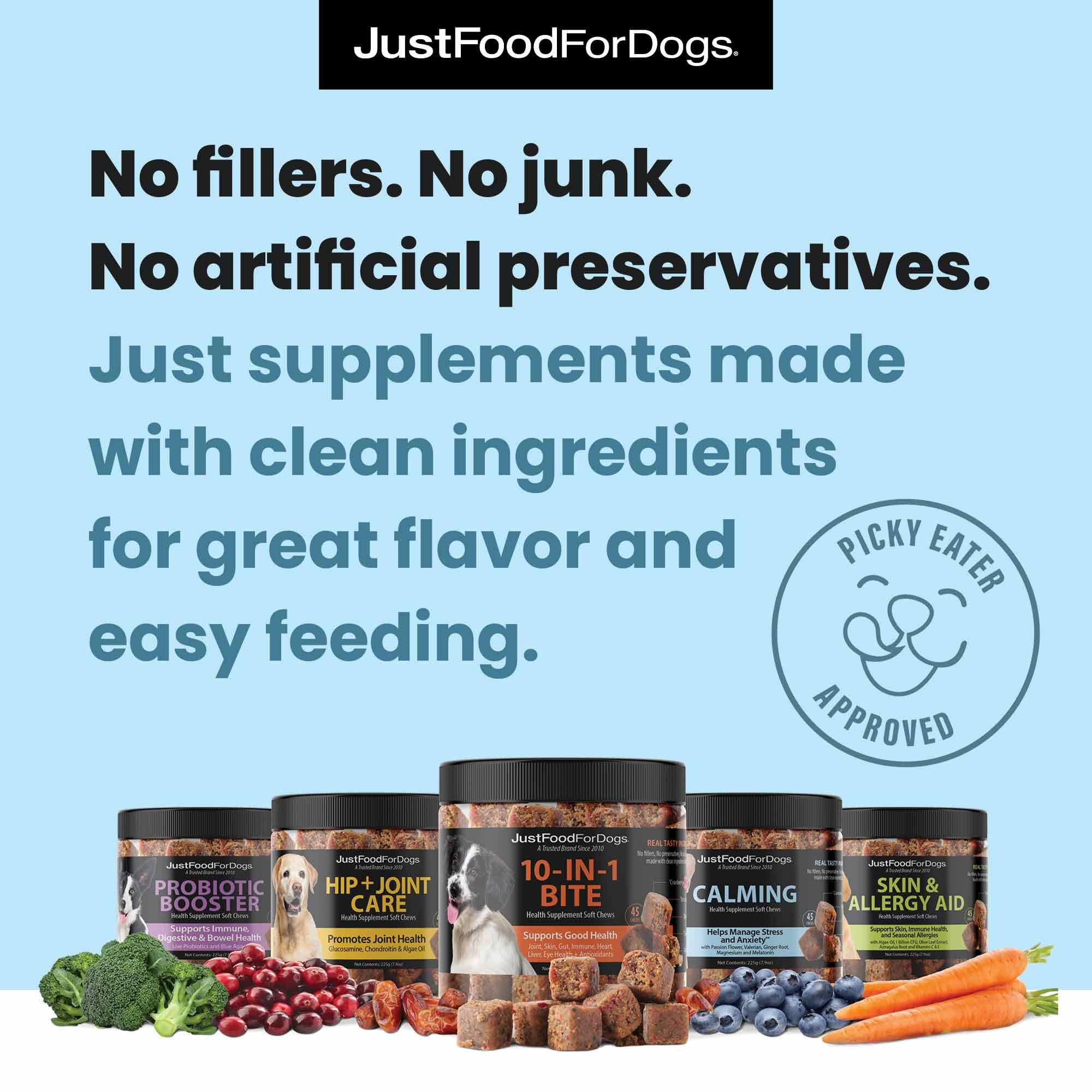 JustFoodForDogs calming chews travel close-up ideal for trips and vet visits.