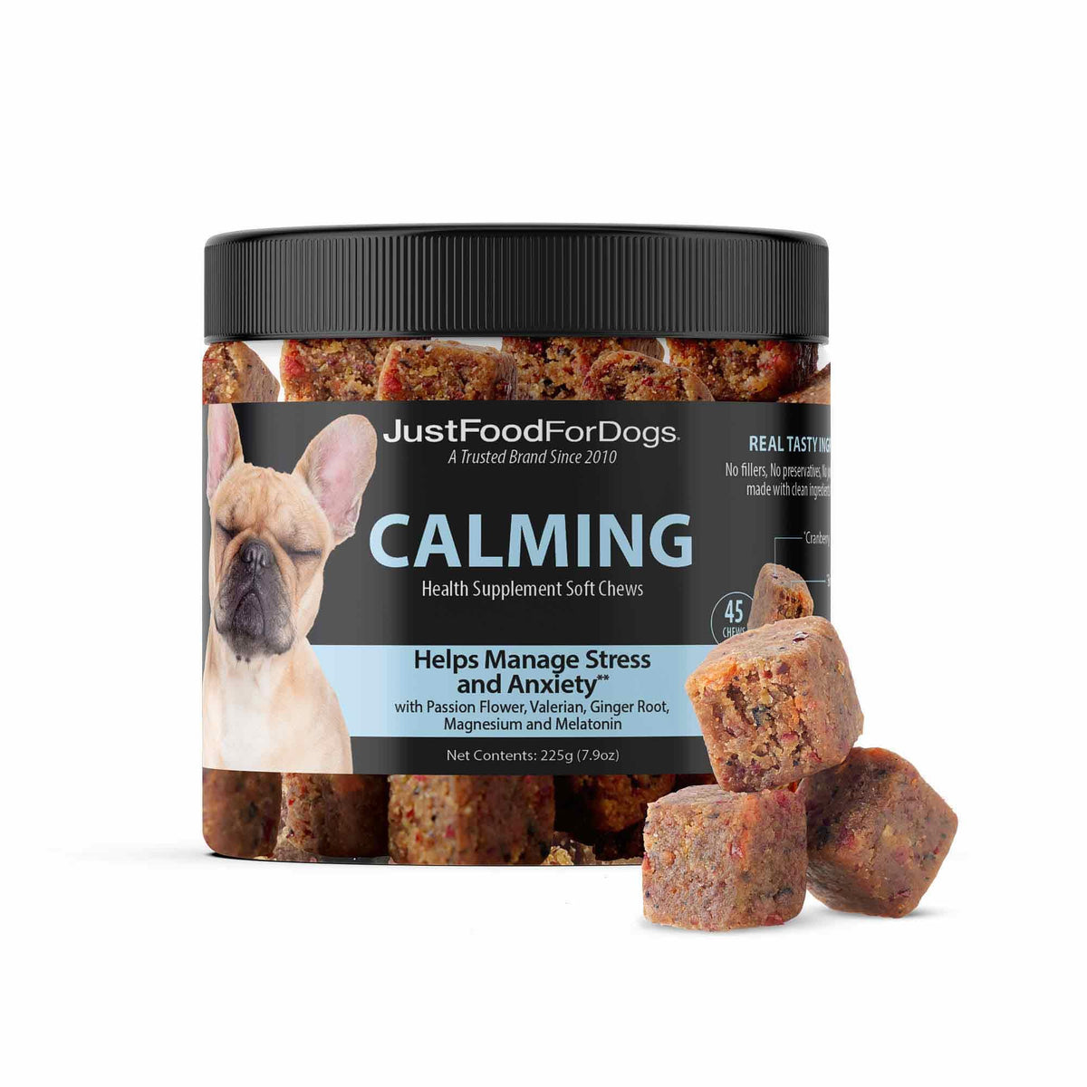JustFoodForDogs calming soft chews close-up for daily relaxation and comfort.