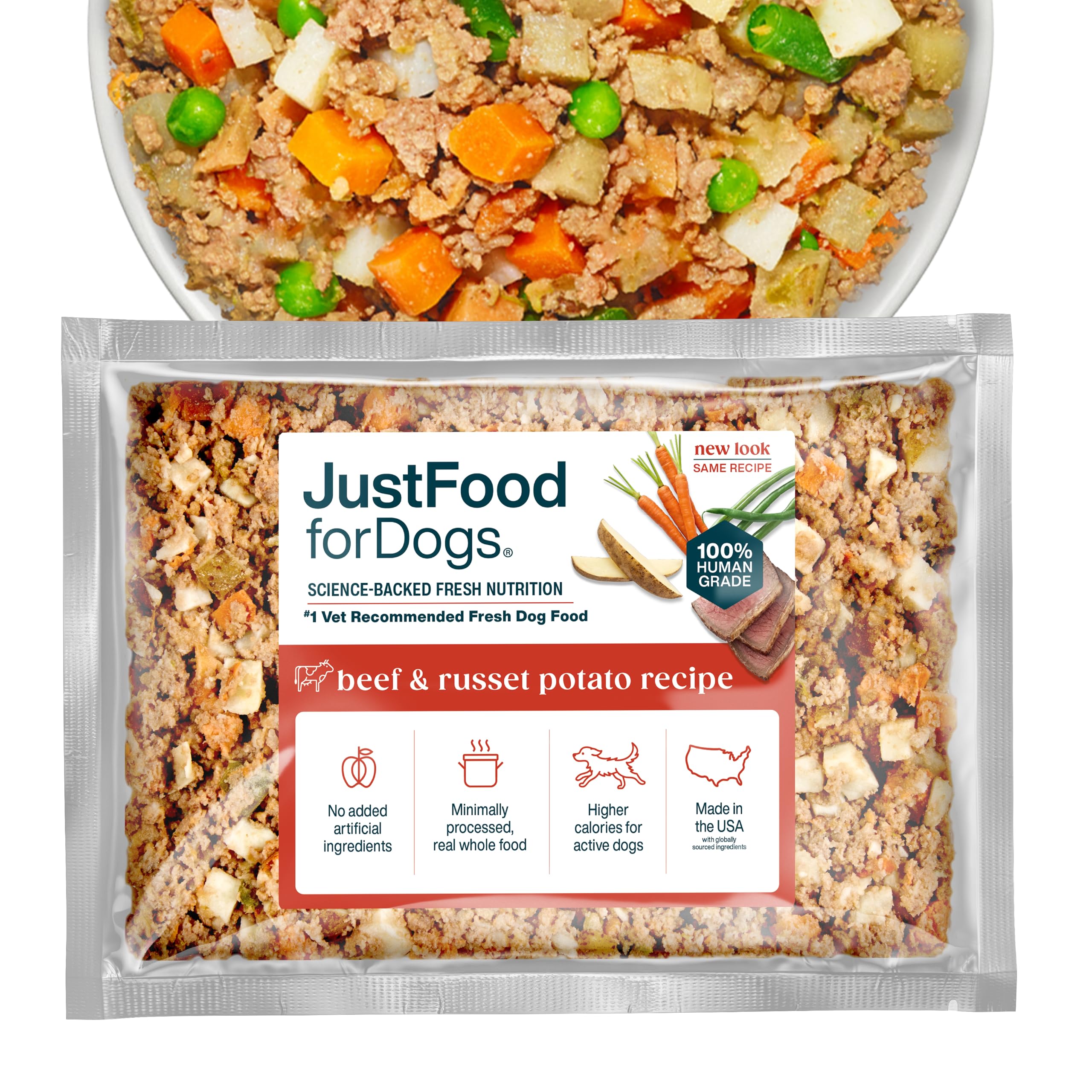 JustFoodForDogs frozen fresh beef with russet potatoes packaging front view for convenient meal planning