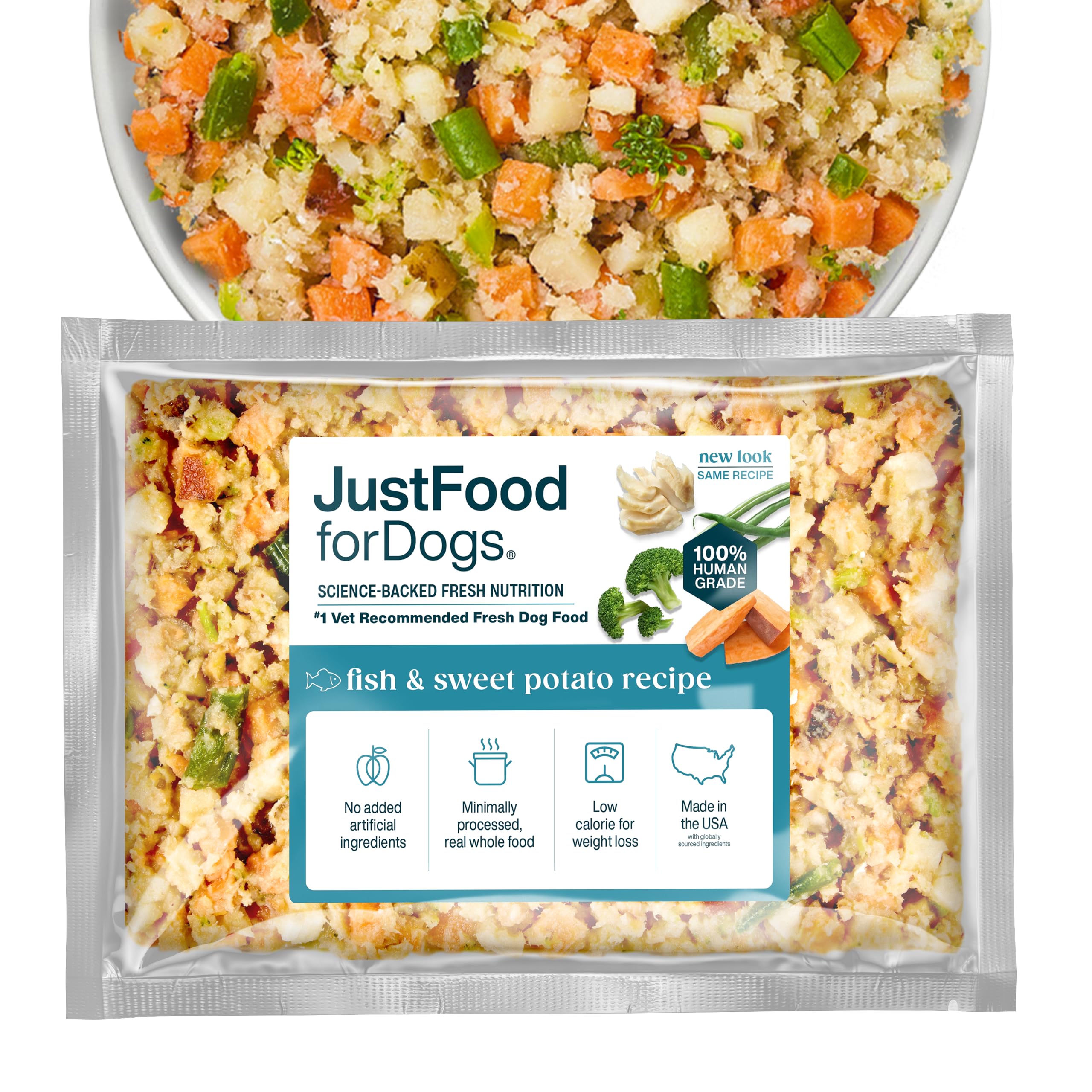 JustFoodForDogs frozen-dog-food-topper-bowl shows a fish-forward recipe for a healthy coat.