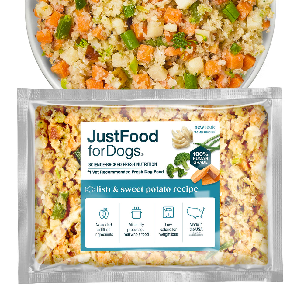 JustFoodForDogs frozen-dog-food-topper-bowl shows a fish-forward recipe for a healthy coat.