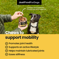 JustFoodForDogs glucosamine-chondroitin chews with clean plant-based ingredients.