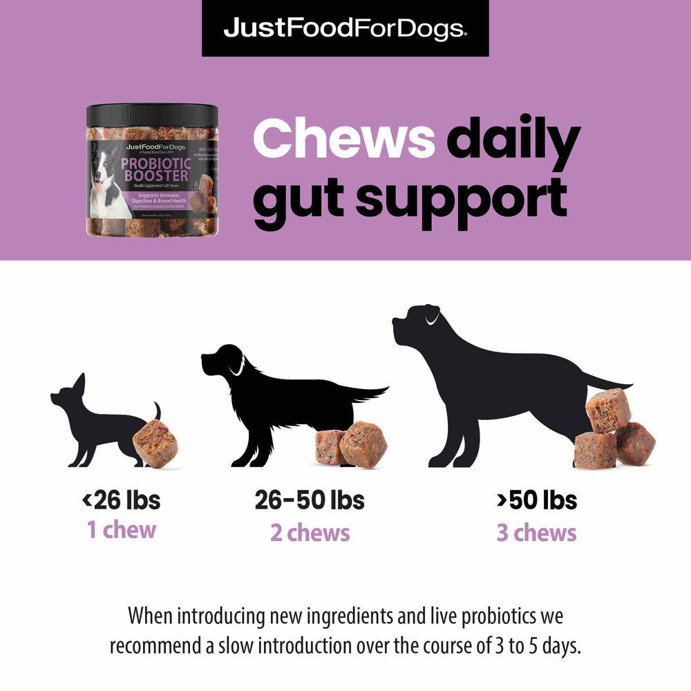 Superfood blend in JustFoodForDogs chews includes blueberries and broccoli for antioxidants.