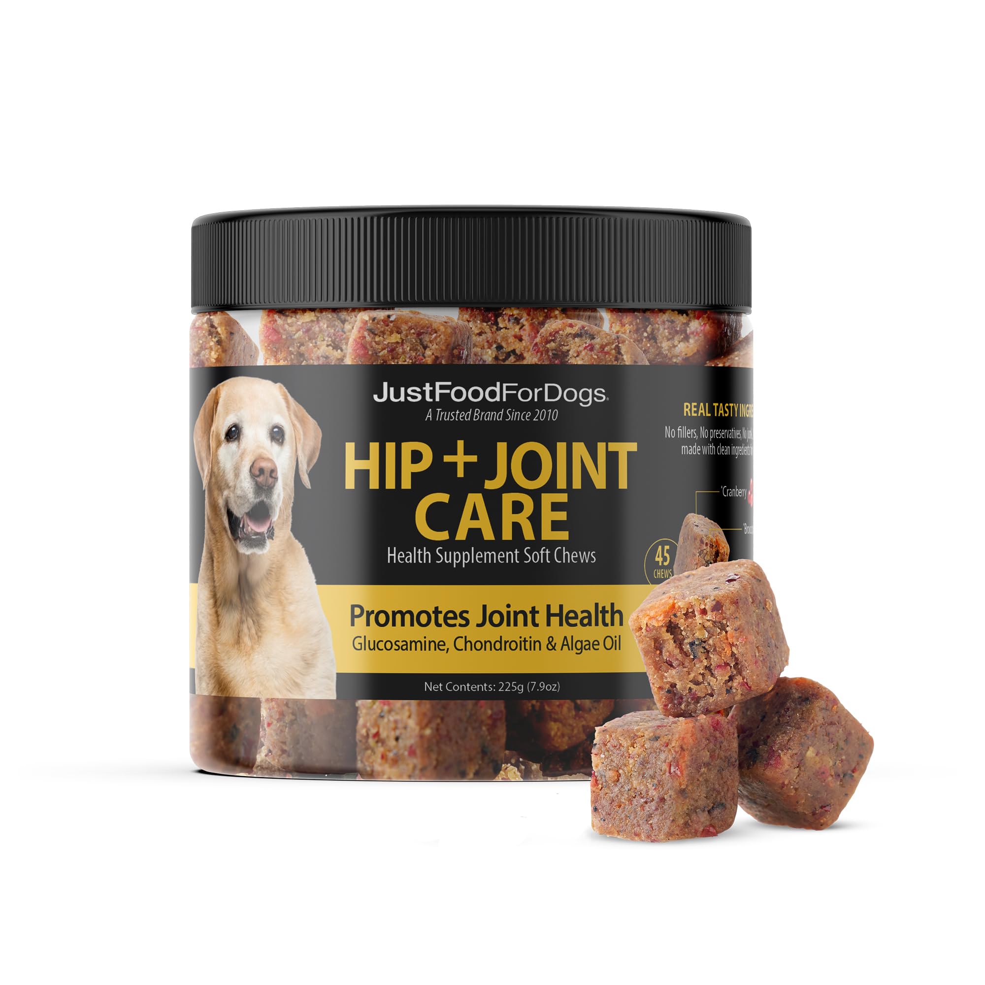 JustFoodForDogs hip-joint soft chews bottle supports daily joint mobility.