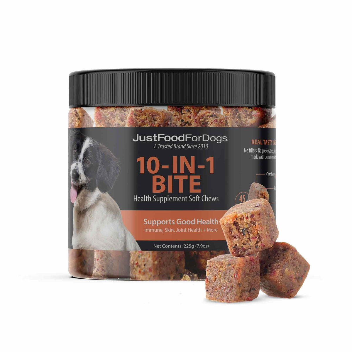 JustFoodForDogs hip joint soft chews bottle for mobility support