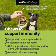 JustFoodForDogs hip joint soft chews closeup highlights real-food ingredients for mobility support