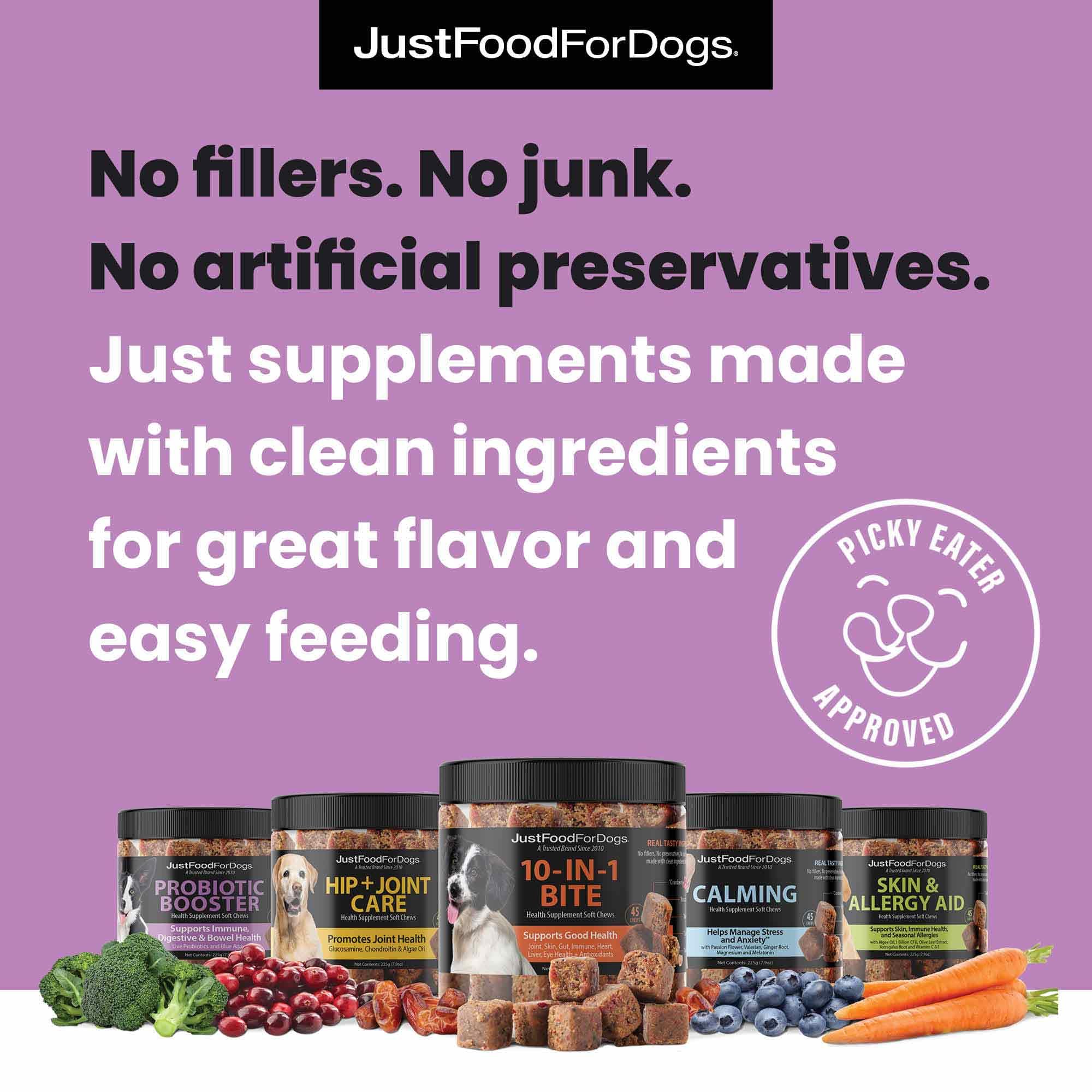 Dog enjoys JustFoodForDogs Hip & Joint Soft Chews as part of daily routine.