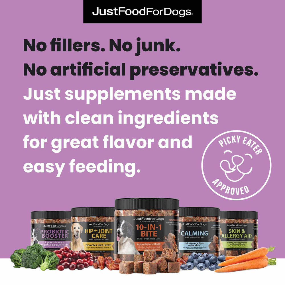 Dog enjoys JustFoodForDogs Hip & Joint Soft Chews as part of daily routine.