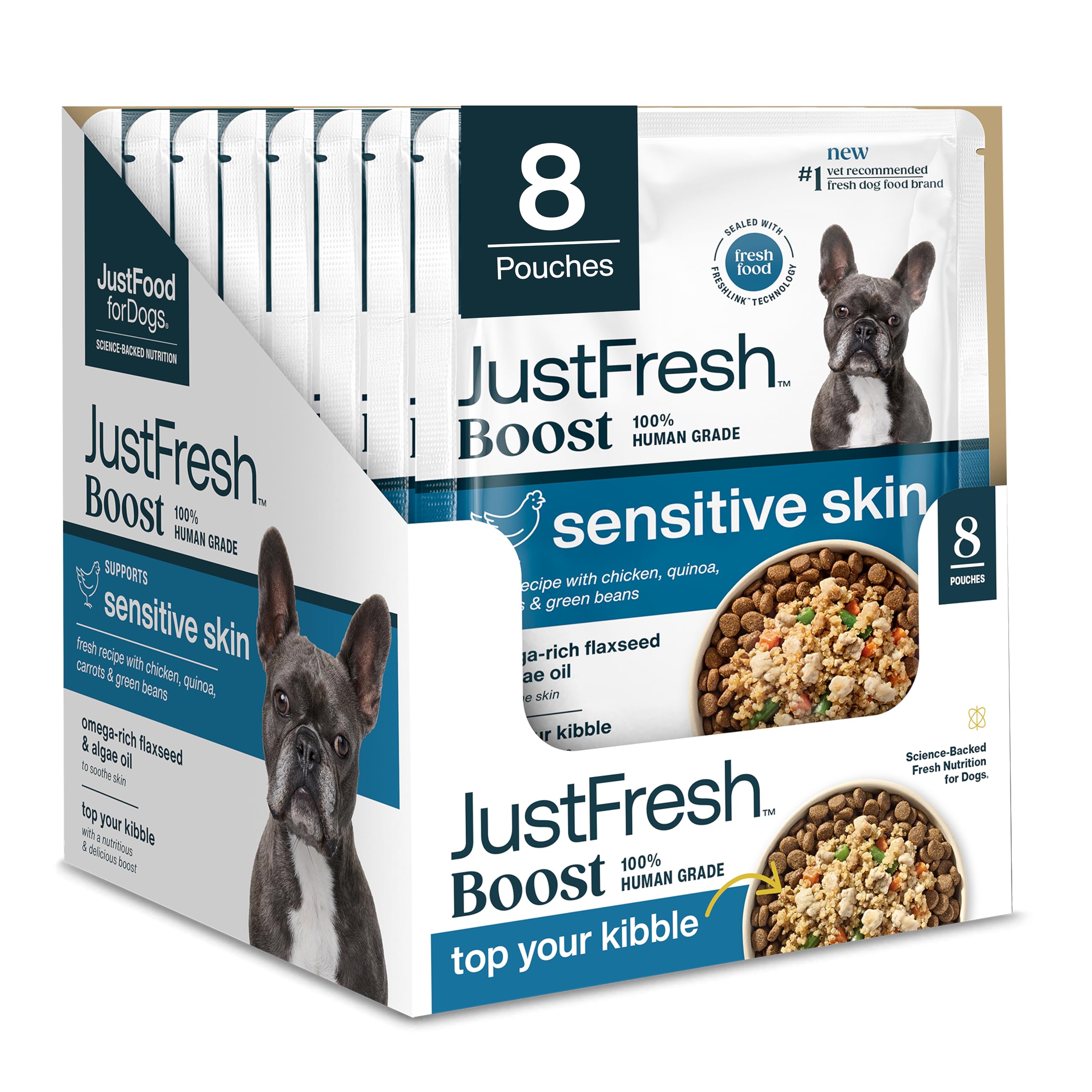 JustFoodForDogs JustFresh Boost Sensitive Skin bottle highlights omega rich topper for a healthier coat