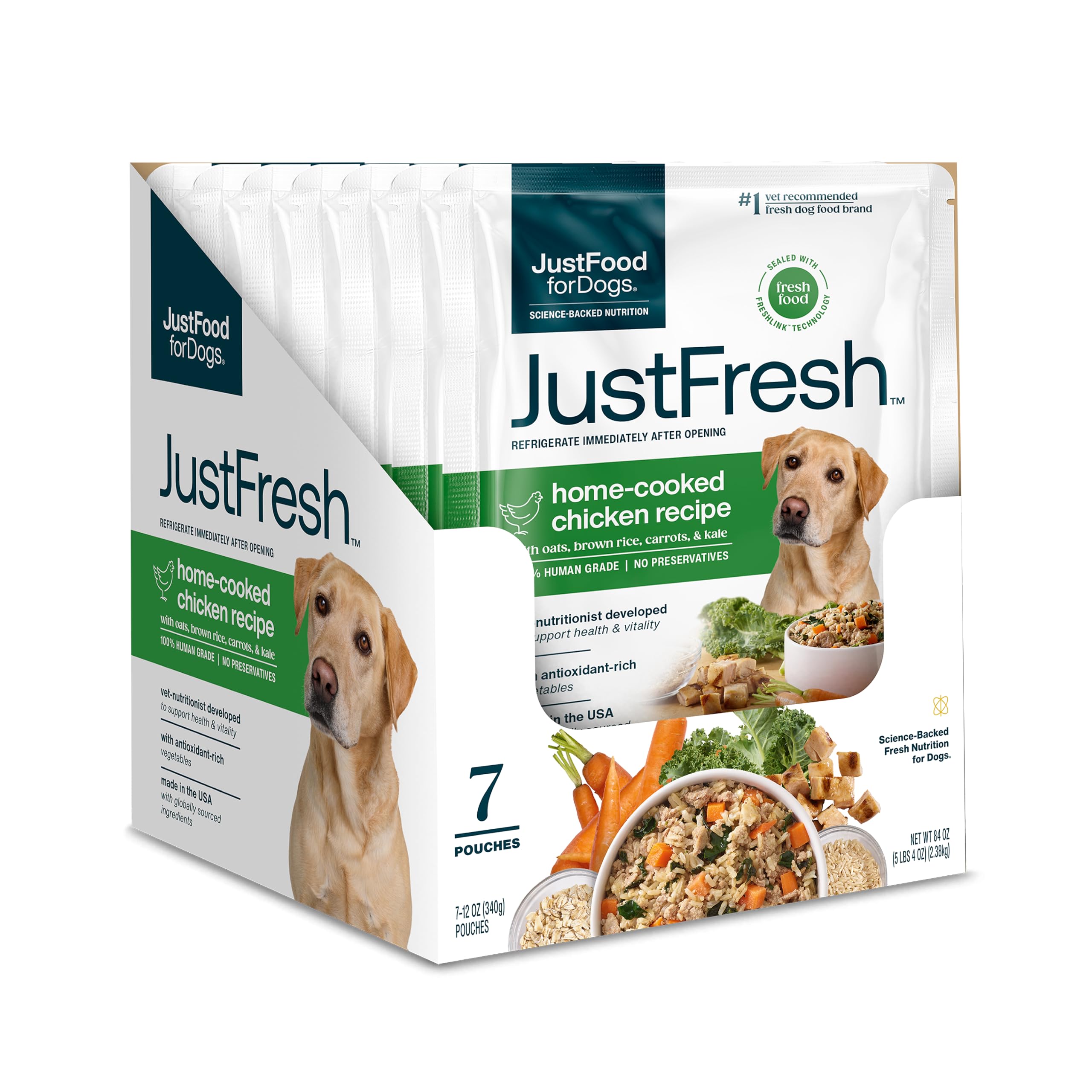 JustFoodForDogs JustFresh wet dog food in a bowl with fresh ingredients for a tasty meal.