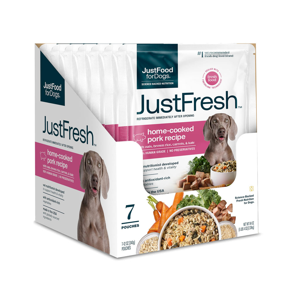 JustFoodForDogs JustFresh pork wet food serving supports hydration and palatability.