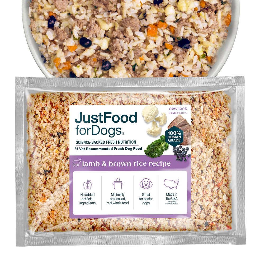 JustFoodForDogs lamb-brown-rice dish: complete, human-grade dog meal in a savory bowl
