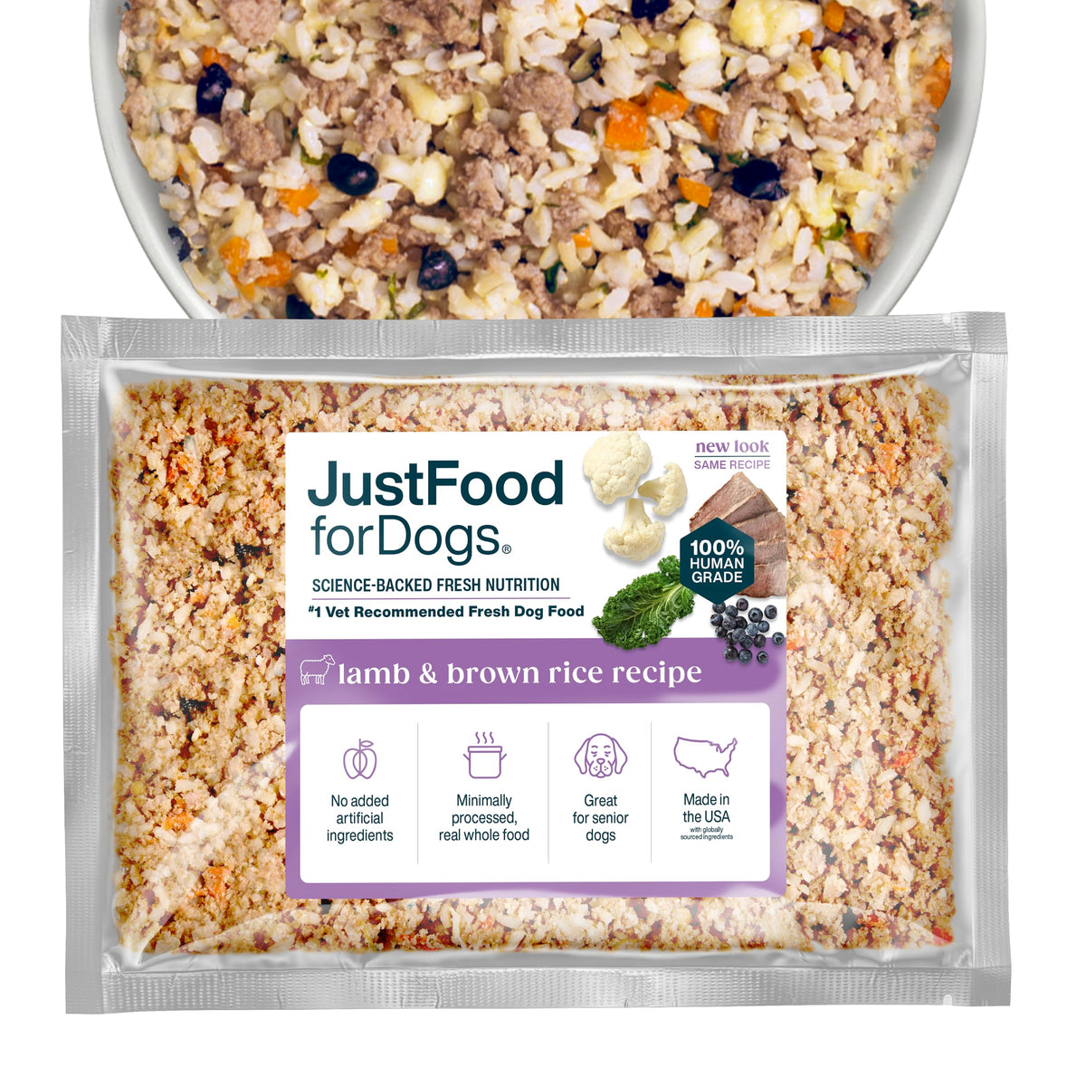 JustFoodForDogs lamb-brown-rice dish: complete, human-grade dog meal in a savory bowl