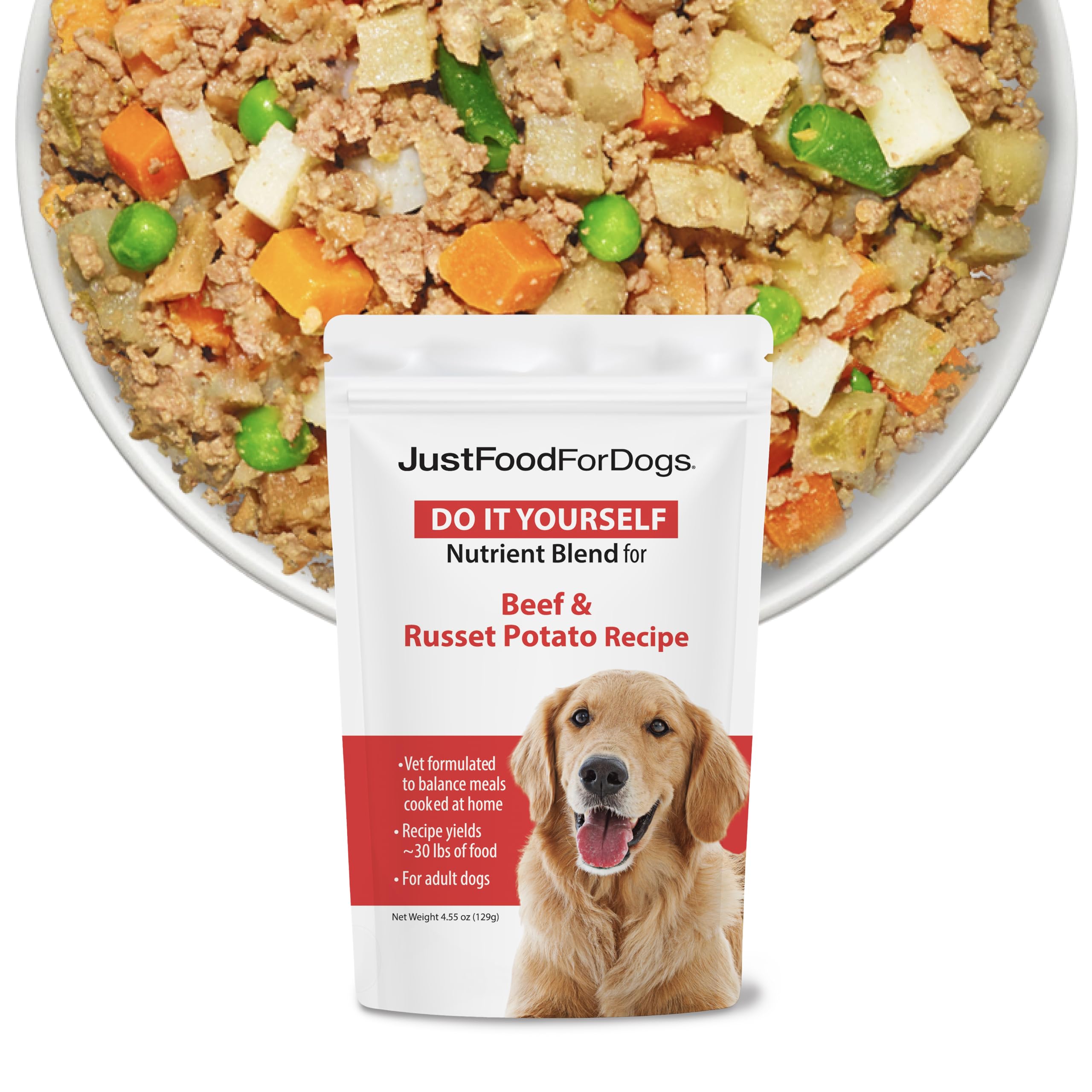 JustFoodForDogs Nutrient Blend beef-russet-potato bowl showing a balanced meal for dogs