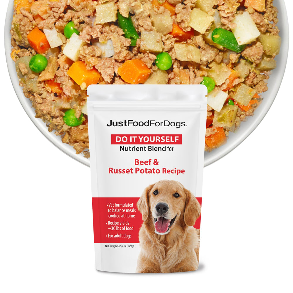 JustFoodForDogs Nutrient Blend beef-russet-potato bowl showing a balanced meal for dogs