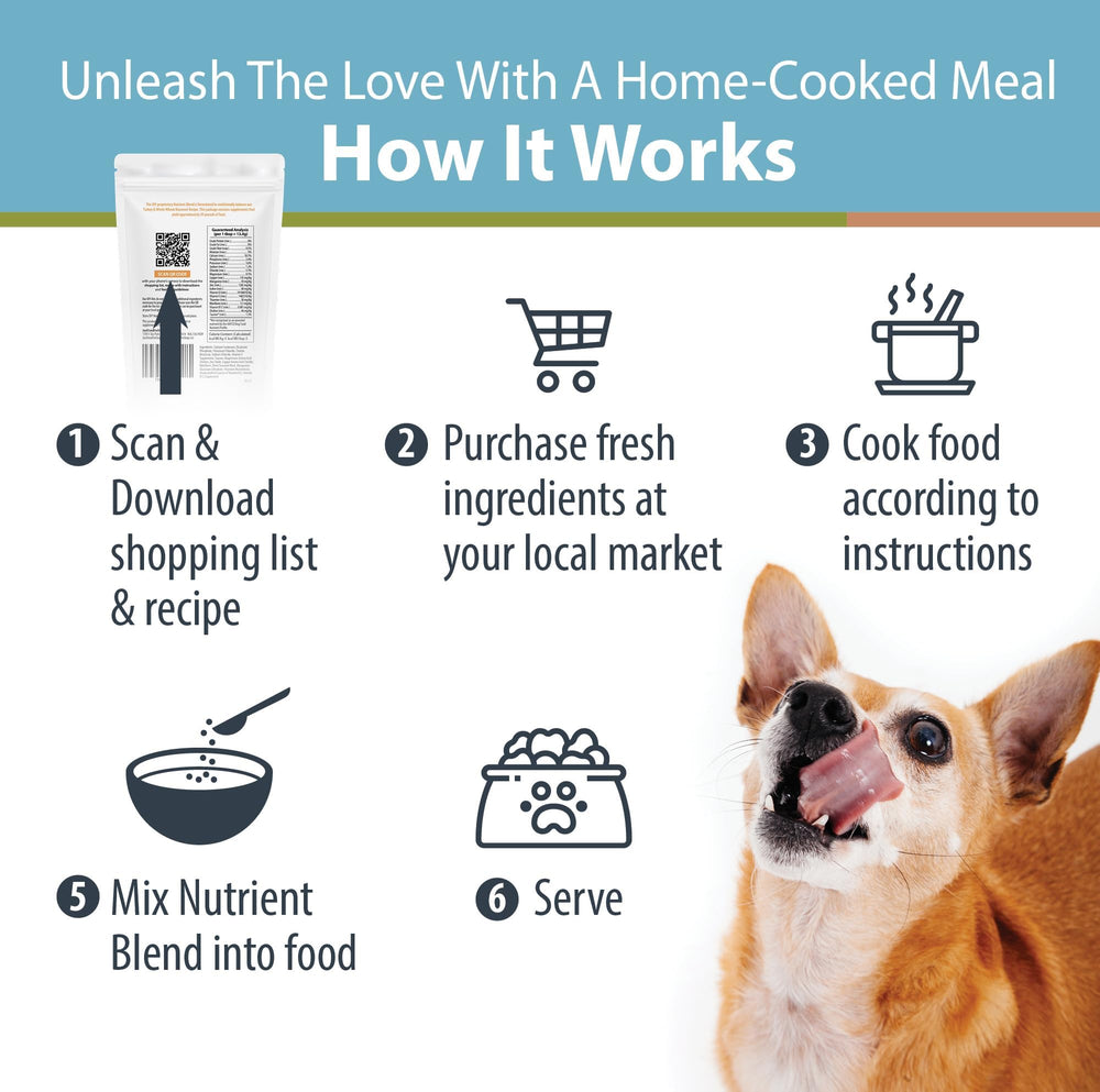 JustFoodForDogs Nutrient Blend as a meal topper adds flavor and hydration for dogs.