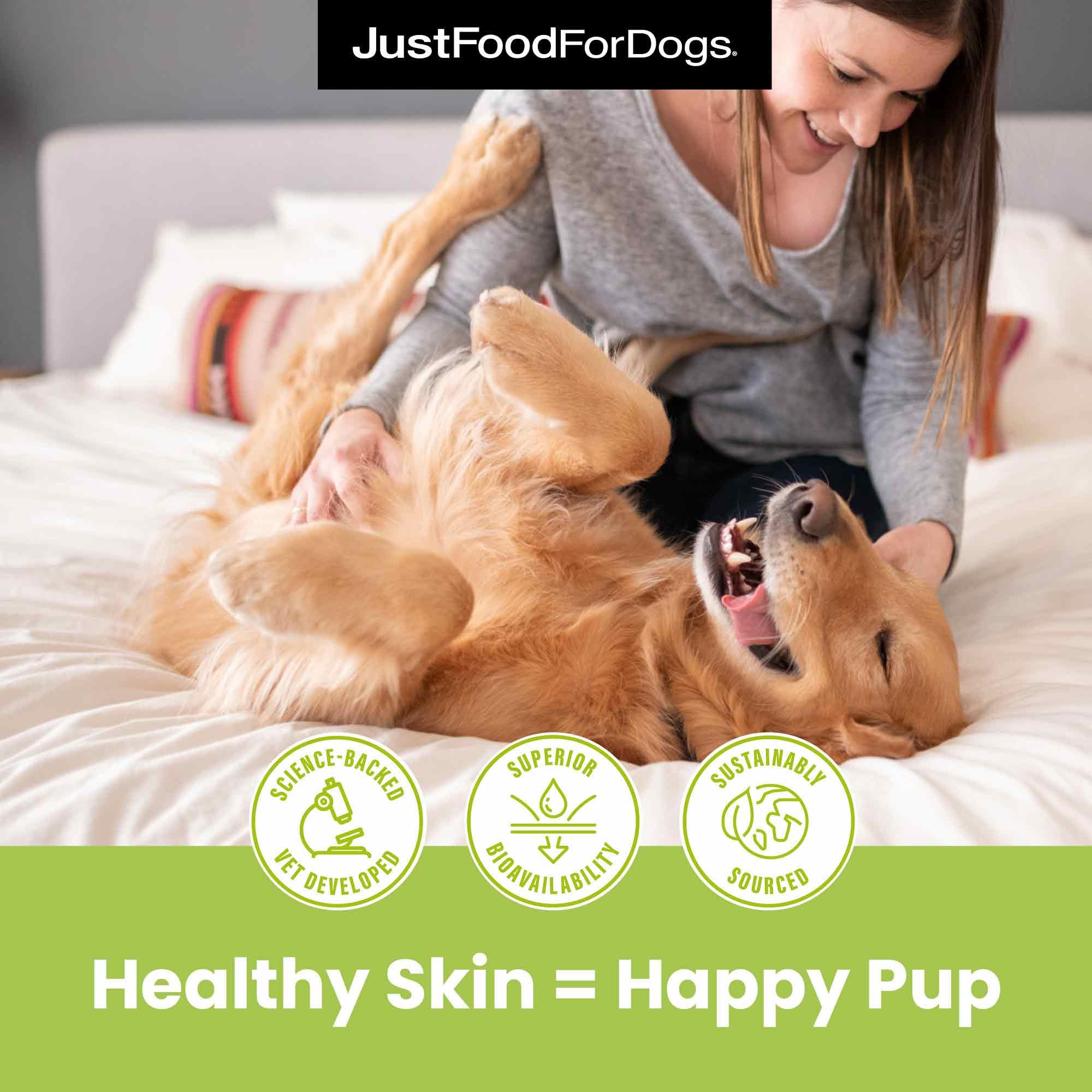 JustFoodForDogs Omega Oil plant-based ingredients highlighted on the label.