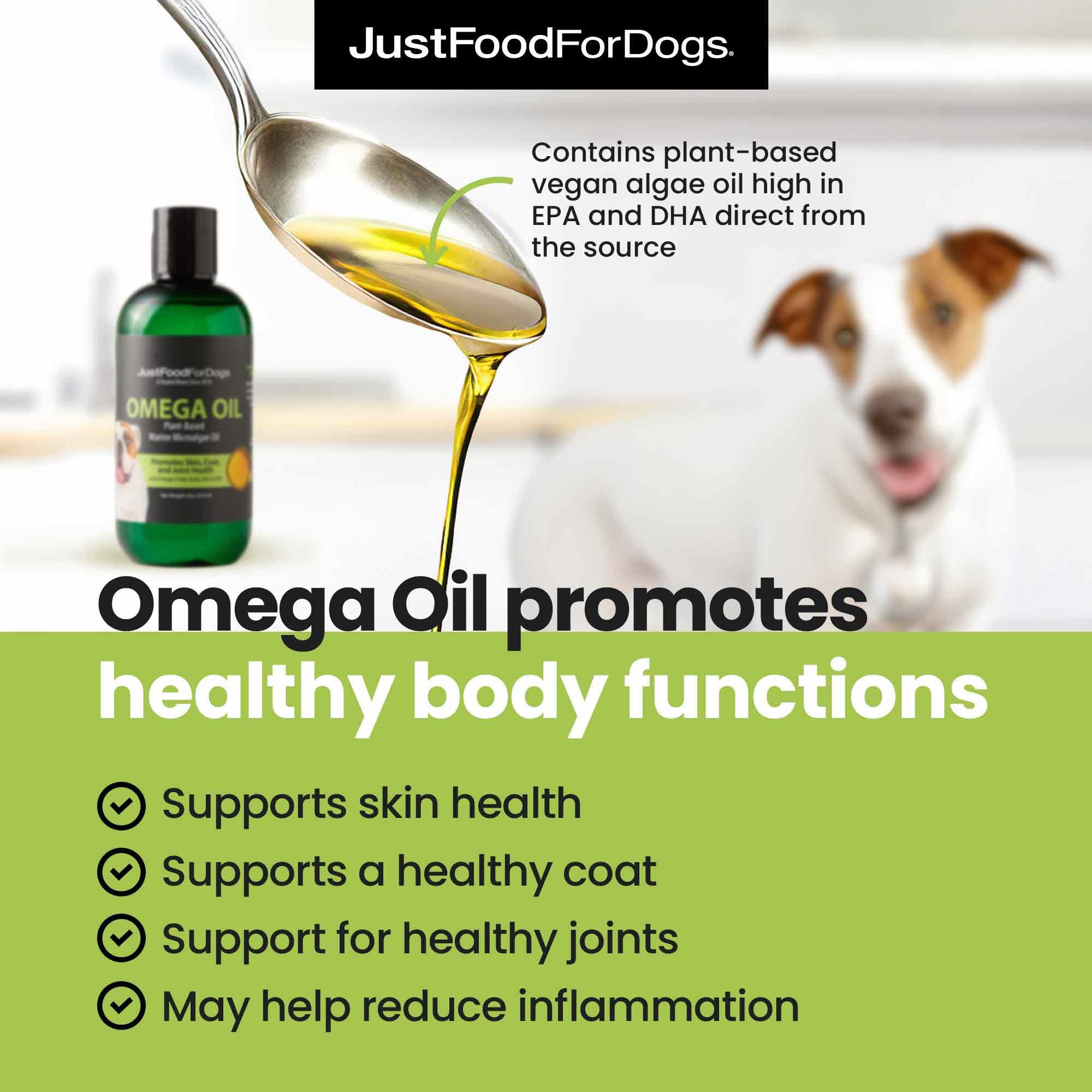 JustFoodForDogs Omega Oil skin and coat focus on hydration and shine.