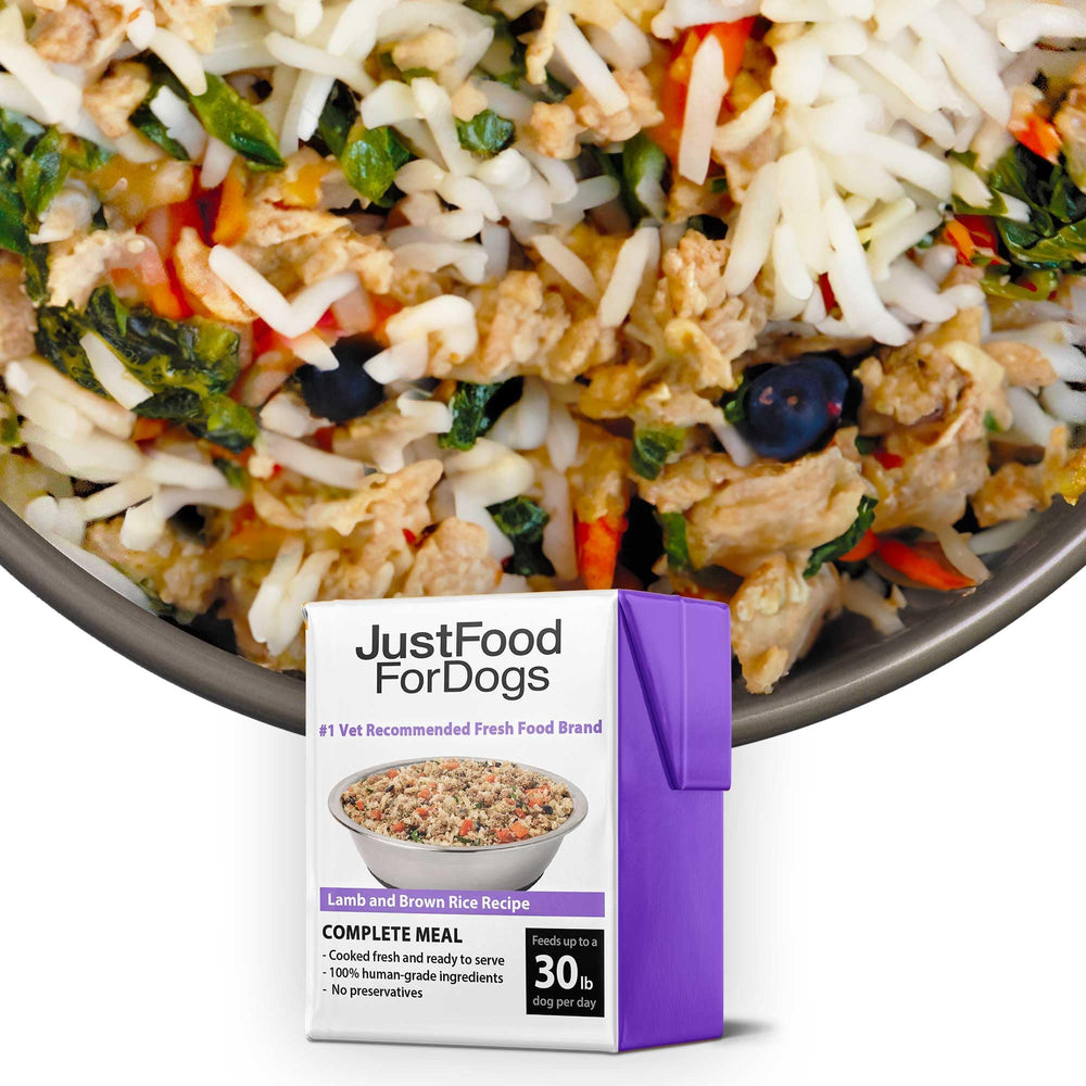 JustFoodForDogs Pantry Fresh Lamb and Brown Rice pack6 front label for easy mealtime decisions.