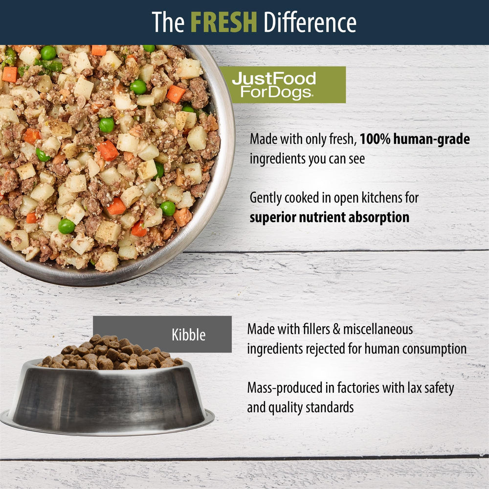 JustFoodForDogs Pantry Fresh wet food in a serving bowl highlighting lamb and rice for daily nutrition.