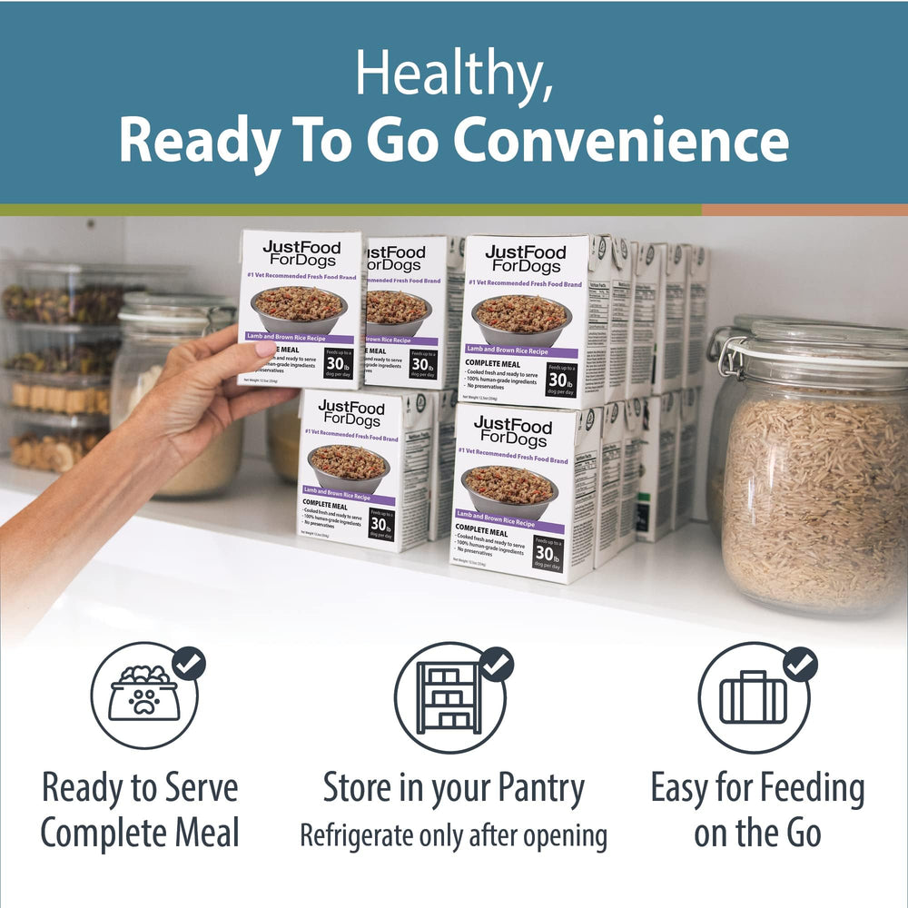 JustFoodForDogs Pantry Fresh tetra pak packaging emphasizes shelf-stability for travel.