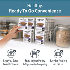 JustFoodForDogs Pantry Fresh tetra pak packaging emphasizes shelf-stability for travel.