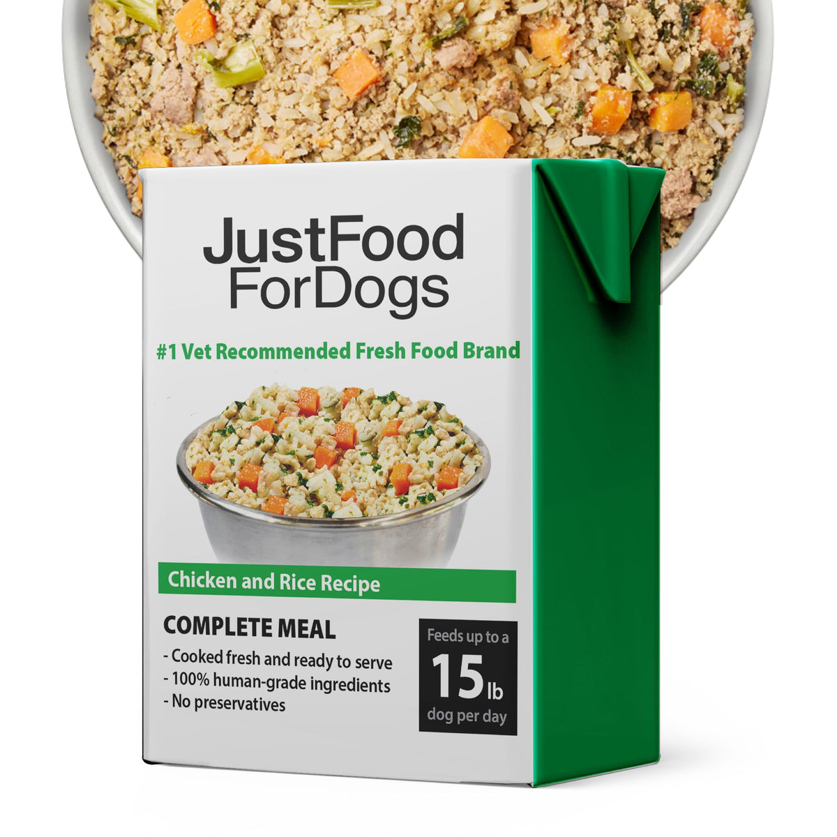 JustFoodForDogs Pantry Fresh wet food pack shows human-grade ingredients for a complete daily meal.