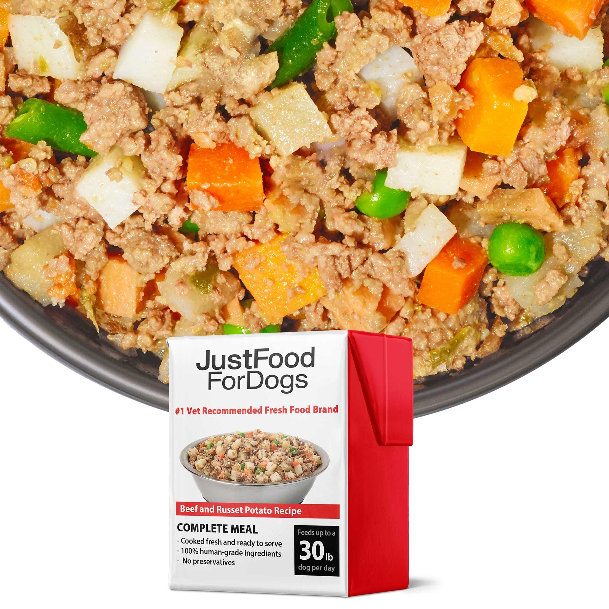 JustFoodForDogs Pantry Fresh packaging shows real ingredients for reliable meals