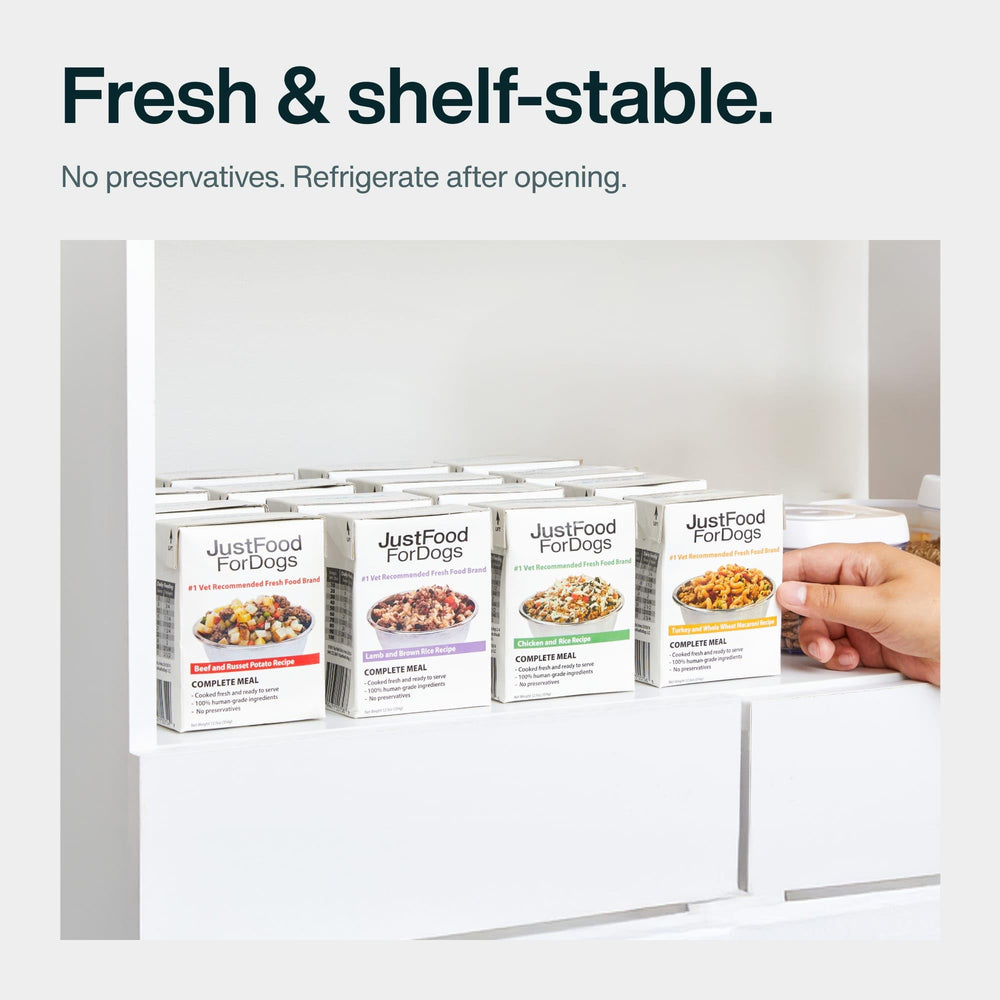JustFoodForDogs Pantry Fresh label describing long unopened storage