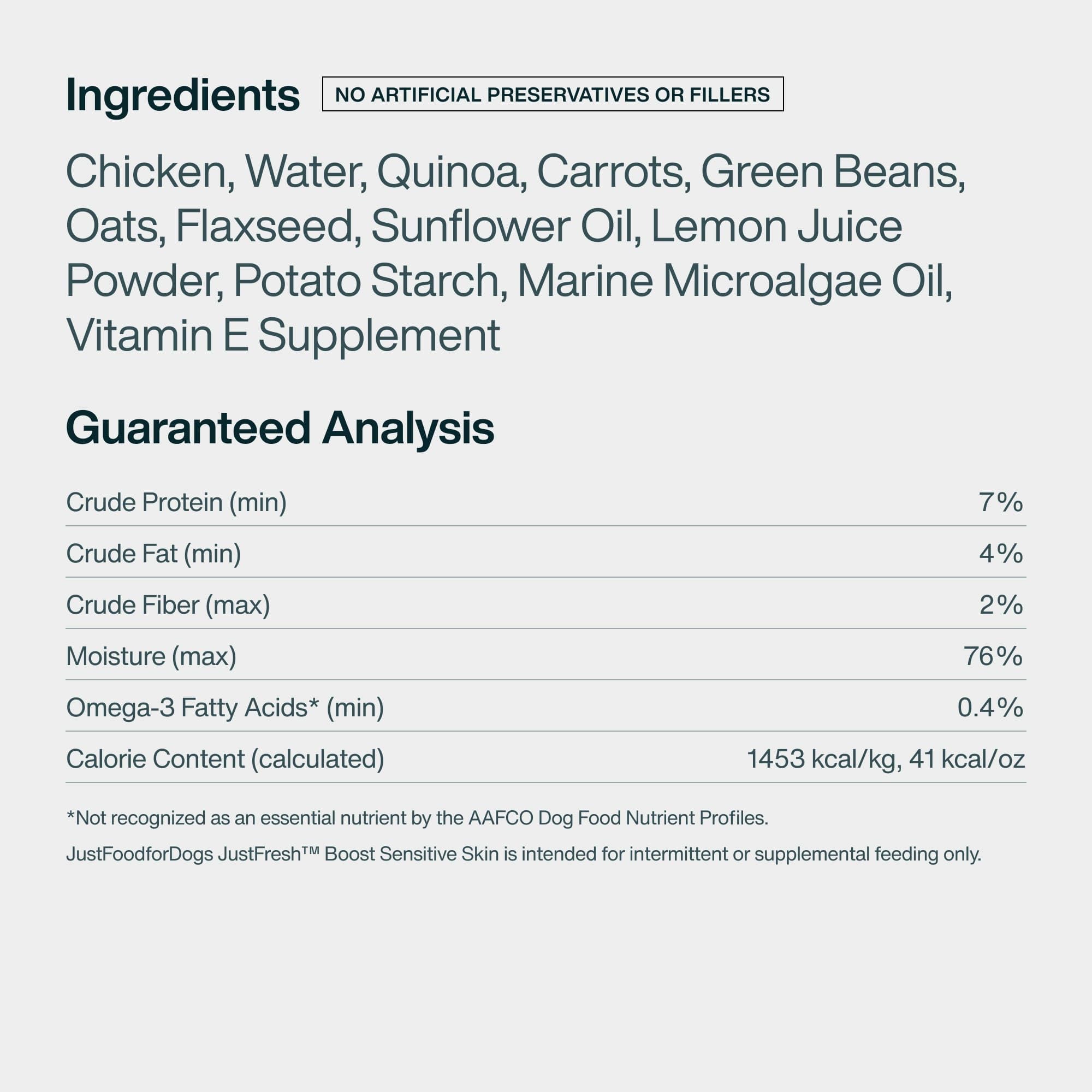 JustFoodForDogs JustFresh Boost sensitive skin supplementation helps coat condition