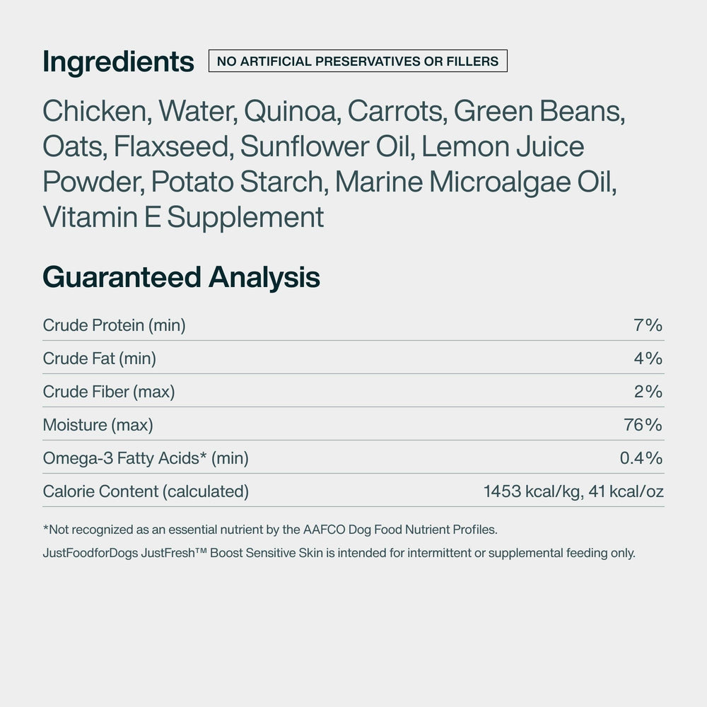 JustFoodForDogs JustFresh Boost sensitive skin supplementation helps coat condition