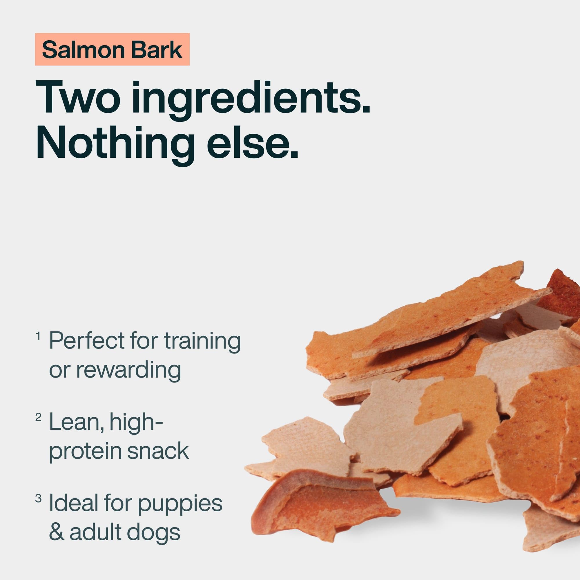 JustFoodForDogs Salmon Bark close-up reveals limited ingredients like salmon and tapioca.