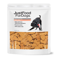 JustFoodForDogs Salmon Bark packaging highlights USA-made quality and limited ingredients for sensitive dogs.