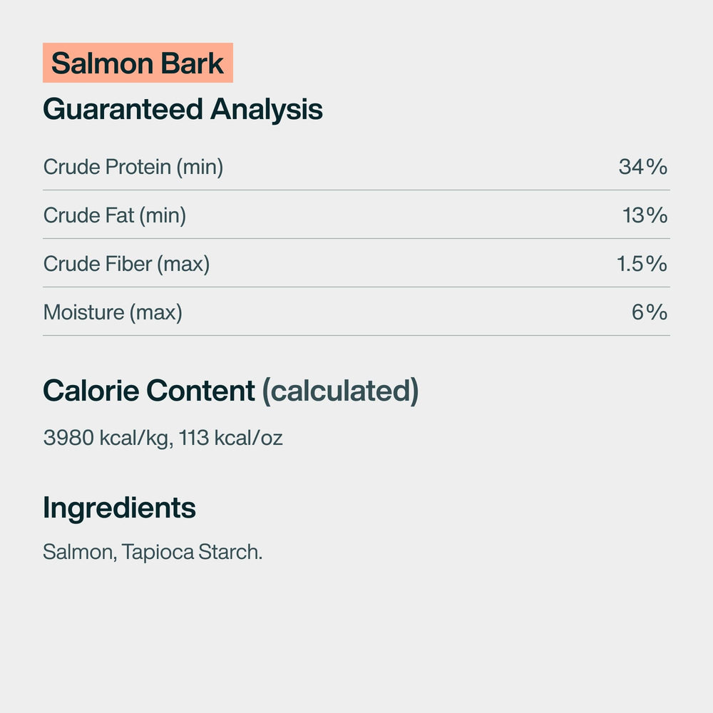 JustFoodForDogs Salmon Bark serving suggestion showing whole treats for training sessions.