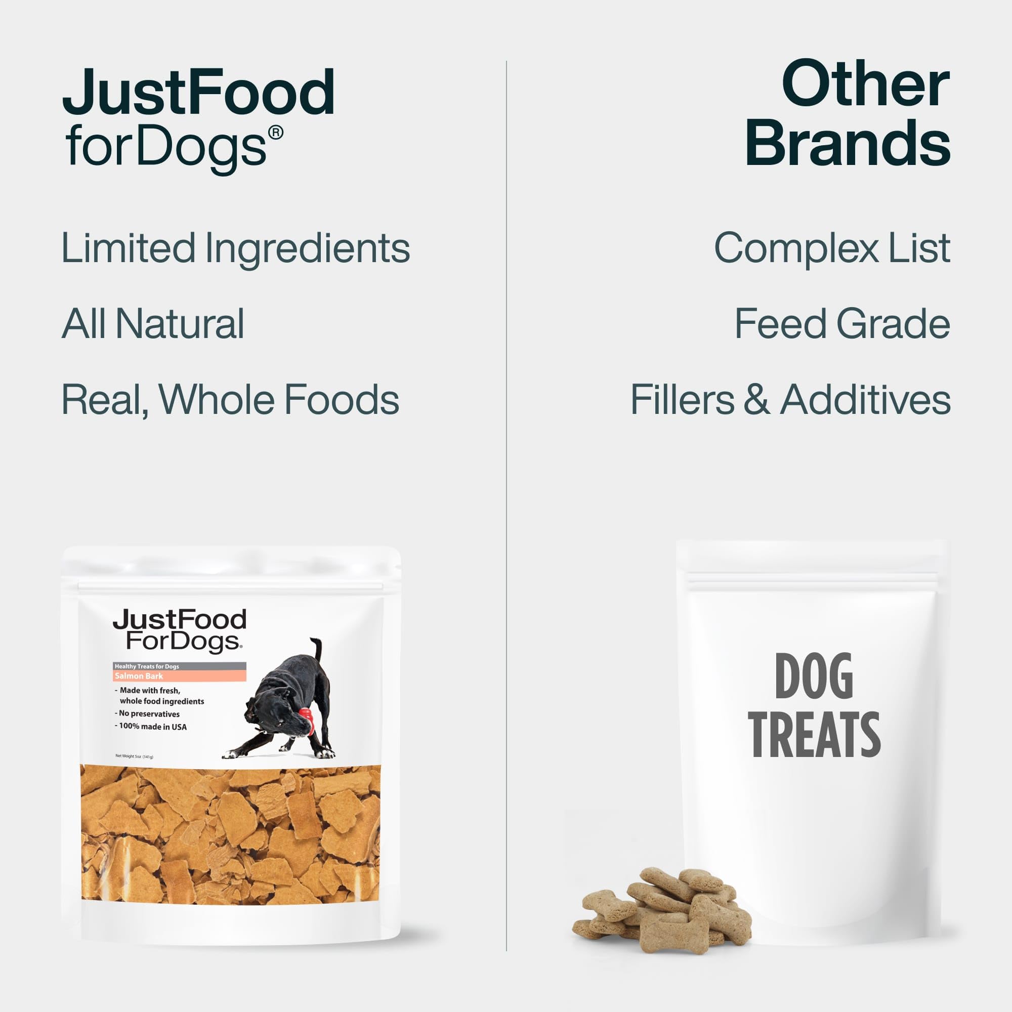 JustFoodForDogs Salmon Bark training-treat image shows high-value reward for puppies and adults.