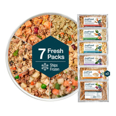 JustFoodForDogs sampler pack 18oz offering six recipes for variety.