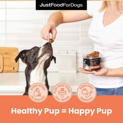 JustFoodForDogs superfood blueberries broccoli carrots image emphasizes nutrient-rich formula