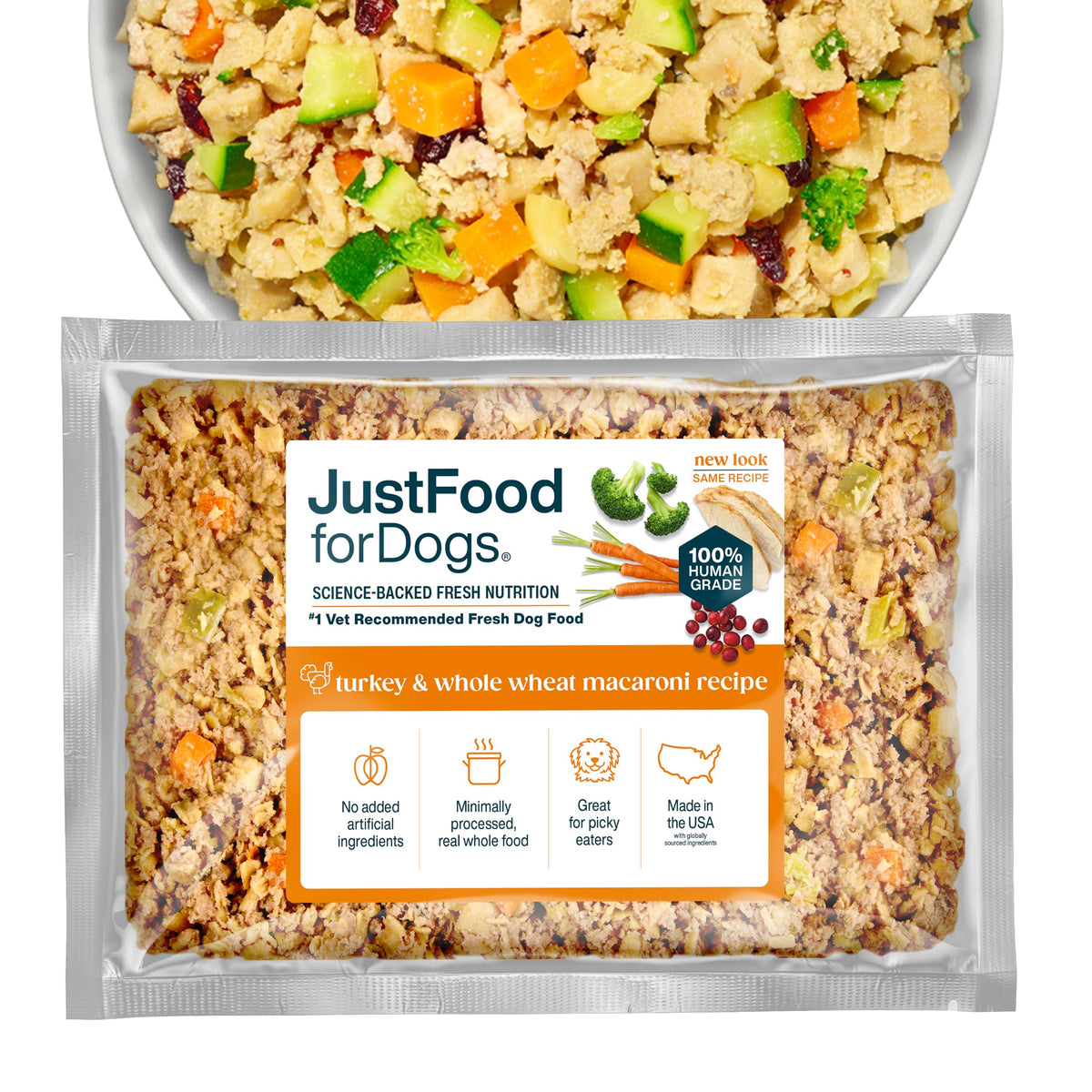 JustFoodForDogs turkey and whole wheat macaroni meal, balanced nutrition for dogs.