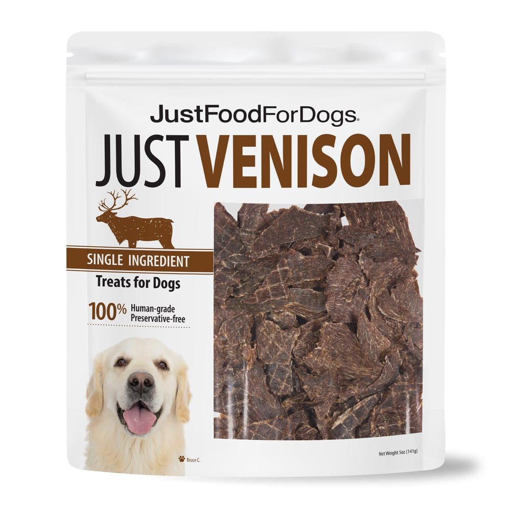 JustFoodForDogs Venison Bark packaging shows wholesome, human-grade dog treats for everyday training.