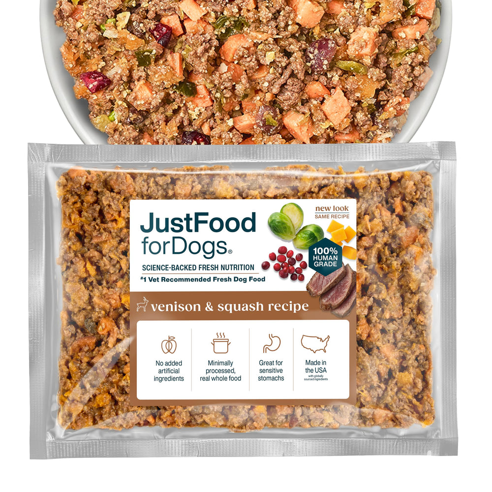 JustFoodForDogs venison-squash meal 18oz pack offers balanced nutrition for dogs.