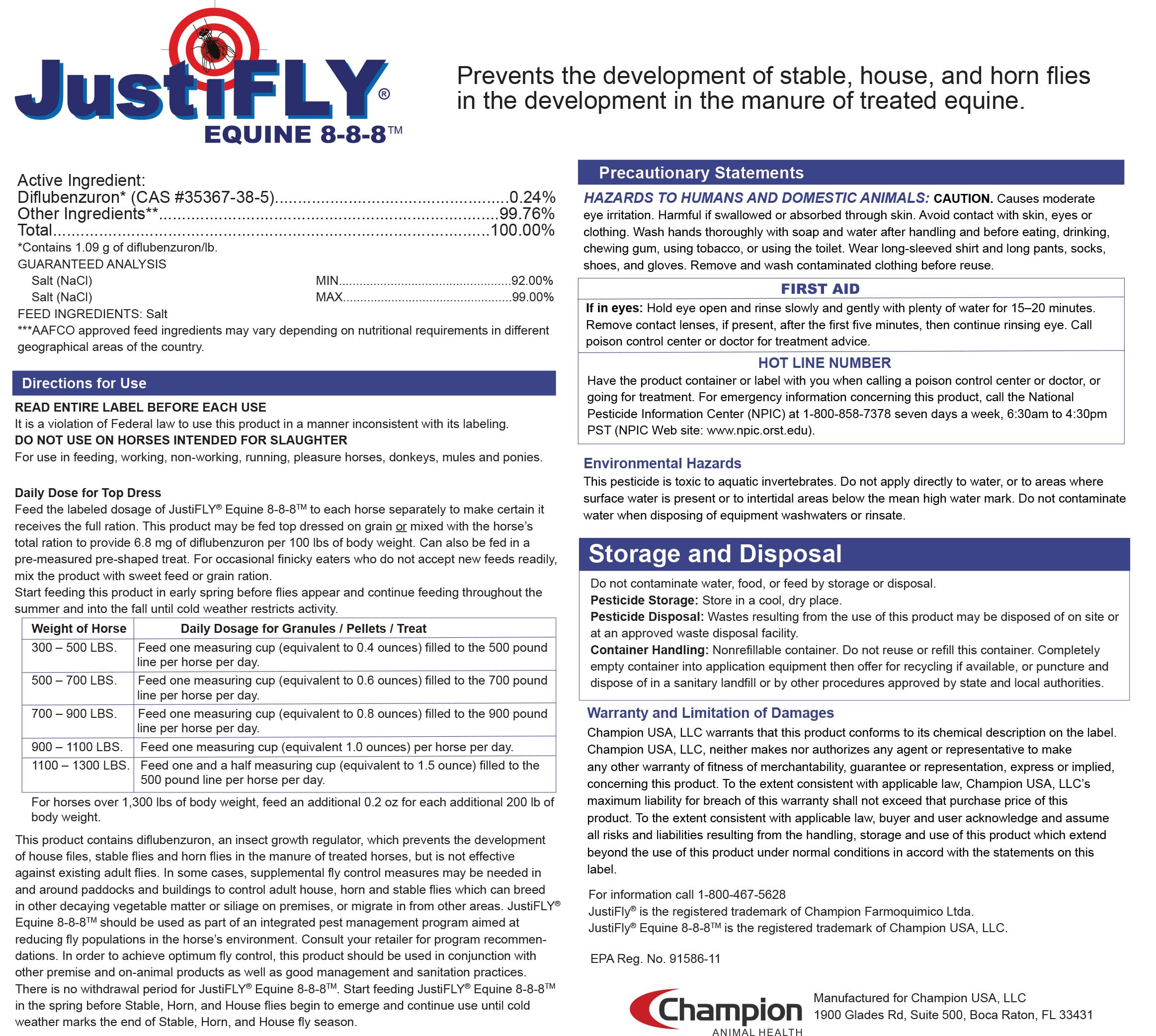 JustiFLY Equine packaging close-up shows a 9.75 lb bag ready for season