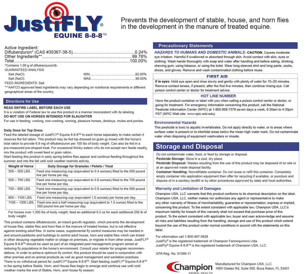 JustiFLY Equine packaging close-up shows a 9.75 lb bag ready for season