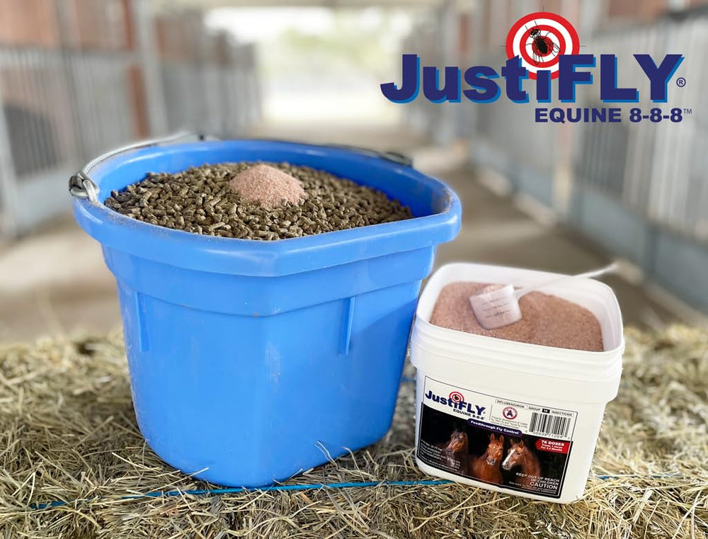 JustiFLY Equine bottle in stable setting suggests long-lasting fly reduction potential