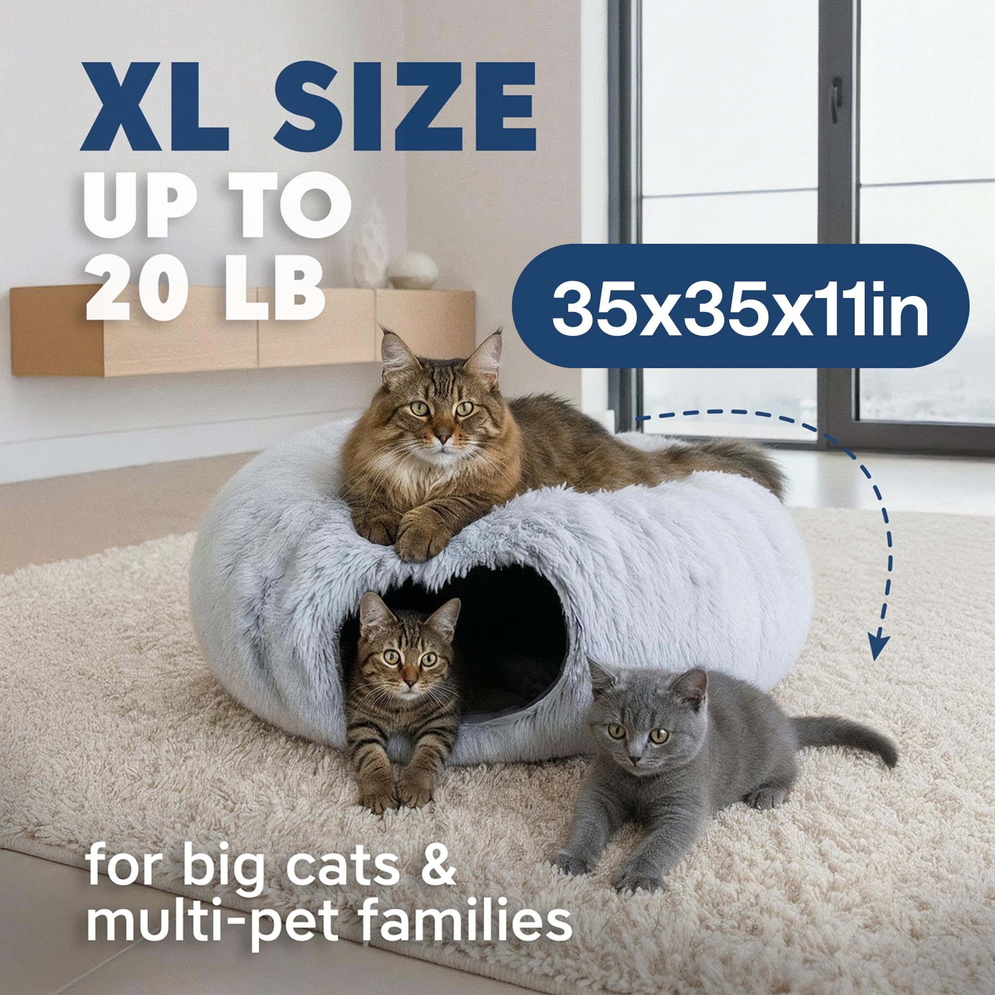JUUAI Cat Donut Tunnel Bed circle full offers spacious hideaway for pets.