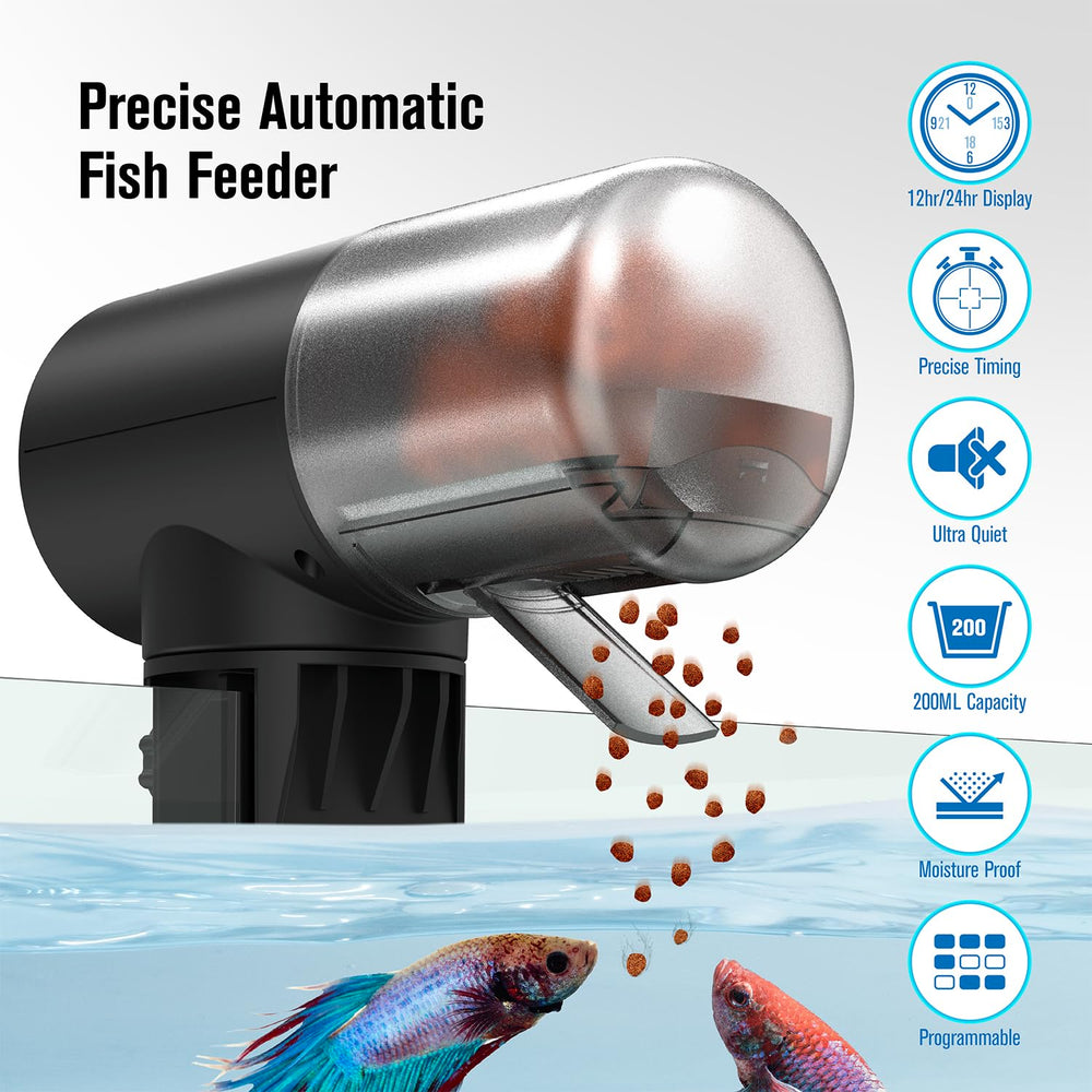 JuzPetz automatic feeder mounted on glass for convenient tank-side feeding.