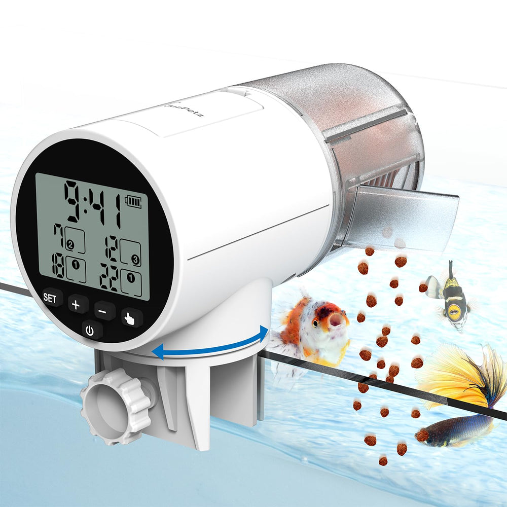 JuzPetz automatic fish feeder with 200ml capacity for steady feedings.
